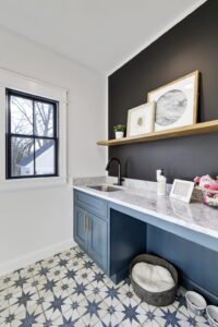 A Sink Space With Blue Color Cabinets